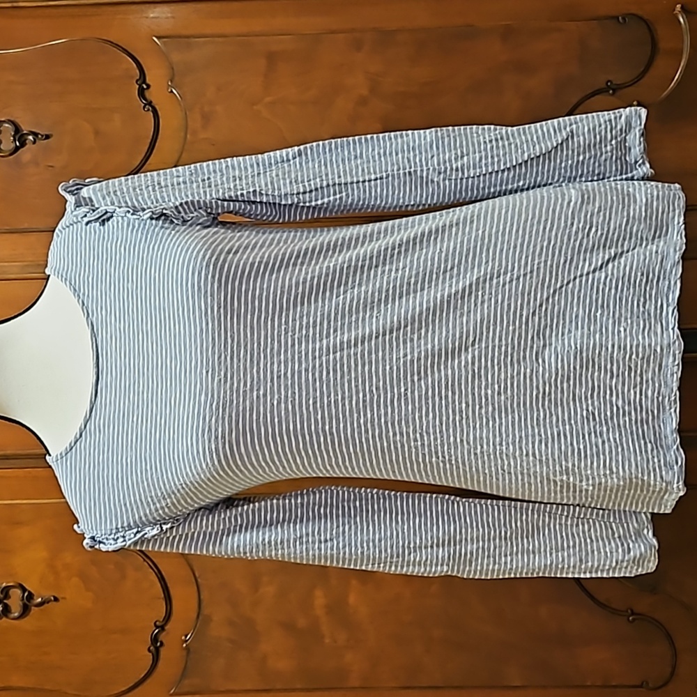 FATFACE Blue And White Striped Long Sleeved Shirt or Top Ruffle Shoulders Size S